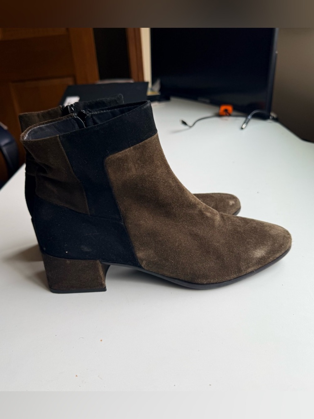 Homers Artisan Two-Tone Suede Ankle Booties- Block Heel, Made in Spain